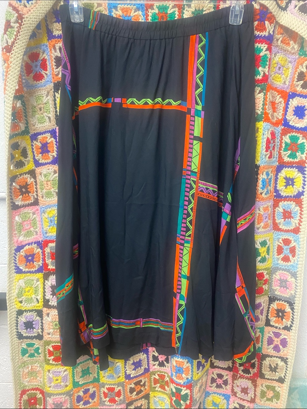 Vintage 80s- Sequel- Volup-Rayon, Black Midi Skirt with Neon Geometric Trim